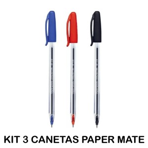KIT 3 CANETA KILOMETRICA 1.0 AZUL/VERMELHO/PRETO PAPER MATE