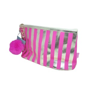 NECESSARIE LISTRADO COM POMPOM ROSA 29X17CM